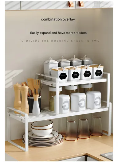 Iron Storage Rack, Multi-Use Countertop Organizer Shelf for Kitchen, Bathroom &amp; Office (W51 × D20.6 × H24)cm – White