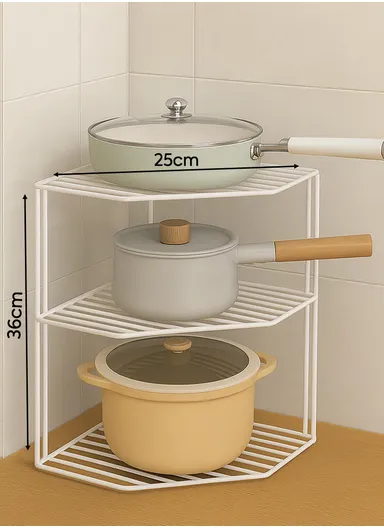 3-Tier Pots and Pans Organiser Rack Stand, Kitchen Corner Shelf (L25 x W25 x H36)cm - White
