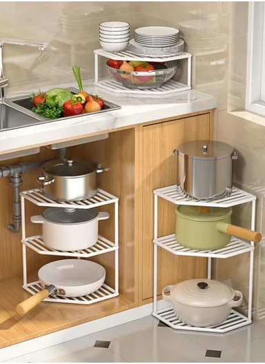 3-Tier Pots and Pans Organiser Rack Stand, Kitchen Corner Shelf (L25 x W25 x H36)cm - White