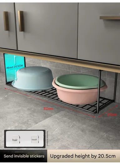 Hanging Metal Shelves Underneath Bathroom Cabinet, Kitchen Closet Rack, Under Desk Cabinet Office Bathroom Organizers (L59.5 x W20 x H20)cm - Black