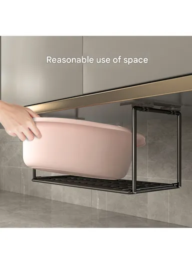 Hanging Metal Shelves Underneath Bathroom Cabinet, Kitchen Closet Rack, Under Desk Cabinet Office Bathroom Organizers (L59.5 x W20 x H20)cm - Black