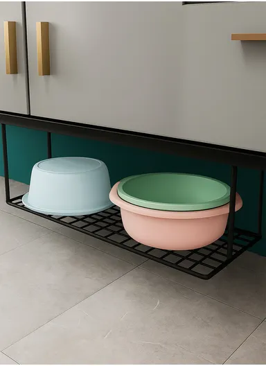 Hanging Metal Shelves Underneath Bathroom Cabinet, Kitchen Closet Rack, Under Desk Cabinet Office Bathroom Organizers (L59.5 x W20 x H20)cm - Black