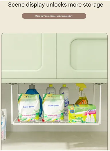 Hanging Metal Shelves Underneath Bathroom Cabinet, Kitchen Closet Rack, Under Desk Cabinet Office Bathroom Organizers (L59.5 x W20 x H20)cm - White