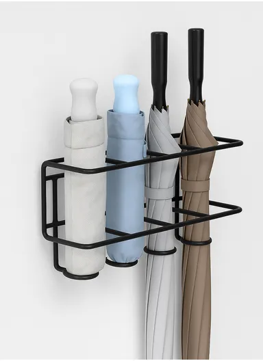 Space-Saving Wall-Mounted Umbrella Stand, Drill-Free Corrosion Resistant Iron Stand (L26 x W7.5 x H13.5)cm - Black