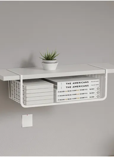 Under-Shelf Iron Hanging Storage Basket Organizer With Side Handles, Space Saving Clip On Rack For Kitchen, Closet &amp; Office (W40 x D25 x H14)cm – White