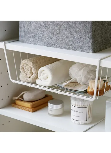 Under-Shelf Iron Hanging Storage Basket Organizer With Side Handles, Space Saving Clip On Rack For Kitchen, Closet &amp; Office (W40 x D25 x H14)cm – White