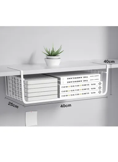 Under-Shelf Iron Hanging Storage Basket Organizer With Side Handles, Space Saving Clip On Rack For Kitchen, Closet &amp; Office (W40 x D25 x H14)cm – White