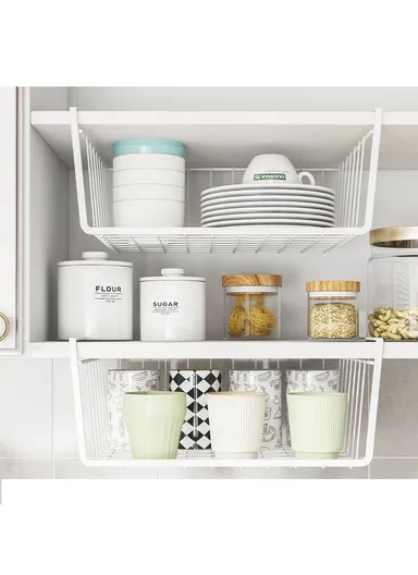 Under-Shelf Iron Hanging Storage Basket Organizer With Side Handles, Space Saving Clip On Rack For Kitchen, Closet &amp; Office (W40 x D25 x H14)cm – White