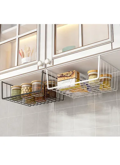 Under-Shelf Iron Hanging Storage Basket Organizer With Side Handles, Space Saving Clip On Rack For Kitchen, Closet &amp; Office (W40 x D25 x H14)cm – White