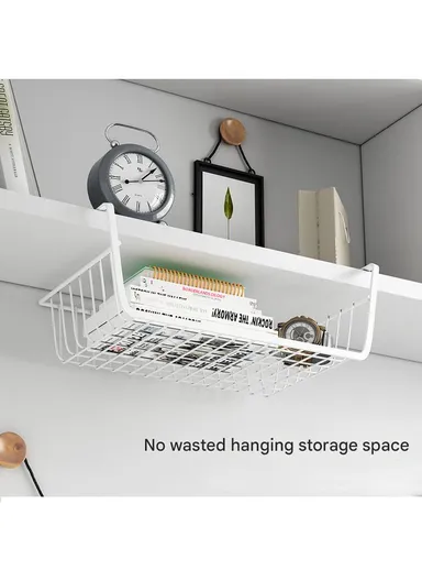 Under-Shelf Iron Hanging Storage Basket Organizer With Side Handles, Space Saving Clip On Rack For Kitchen, Closet &amp; Office (W40 x D25 x H14)cm – White