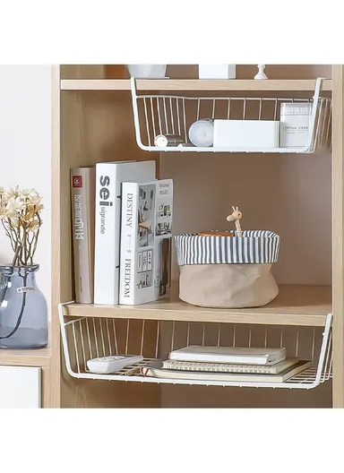 Under-Shelf Iron Hanging Storage Basket Organizer With Side Handles, Space Saving Clip On Rack For Kitchen, Closet &amp; Office (W40 x D25 x H14)cm – White