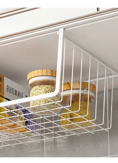 Under-Shelf Iron Hanging Storage Basket Organizer With Side Handles, Space Saving Clip On Rack For Kitchen, Closet &amp; Office (W40 x D25 x H14)cm – White