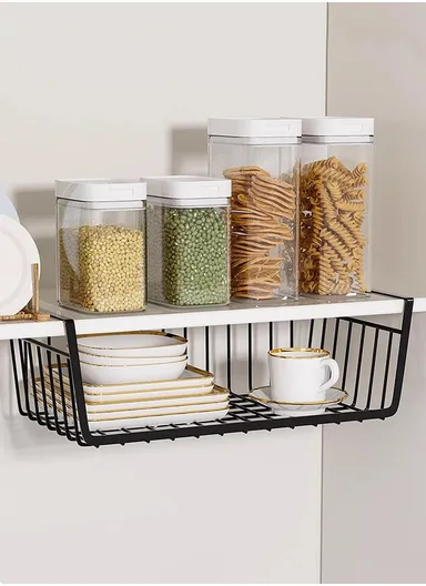 Multi-Use Under-Shelf Hanging Organizer Basket for Kitchen, Cabinet &amp; Home Storage (L48 × W24 × H14)cm – Black