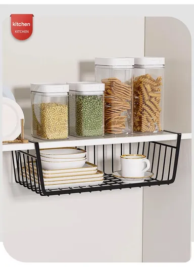 Multi-Use Under-Shelf Hanging Organizer Basket for Kitchen, Cabinet &amp; Home Storage (L48 × W24 × H14)cm – Black