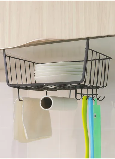 Hanging Cabinet Iron Storage Rack, Under-Shelf Organizer Basket with Hooks for Kitchen, Bathroom &amp; Balcony (W29 × D25 × H19)cm – Black