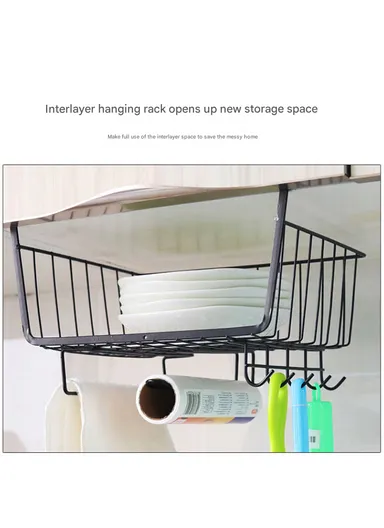 Hanging Cabinet Iron Storage Rack, Under-Shelf Organizer Basket with Hooks for Kitchen, Bathroom &amp; Balcony (W29 × D25 × H19)cm – Black