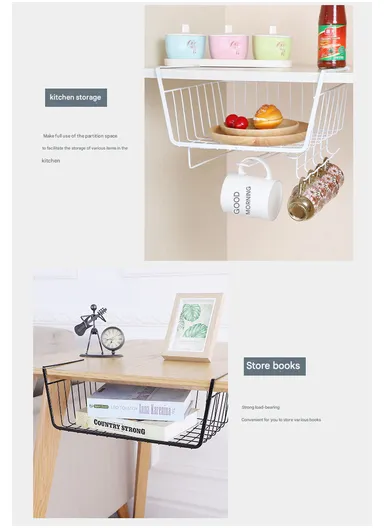 Hanging Cabinet Iron Storage Rack, Under-Shelf Organizer Basket with Hooks for Kitchen, Bathroom &amp; Balcony (W29 × D25 × H19)cm – Black