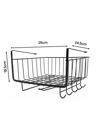 Hanging Cabinet Iron Storage Rack, Under-Shelf Organizer Basket with Hooks for Kitchen, Bathroom &amp; Balcony (W29 × D25 × H19)cm – Black