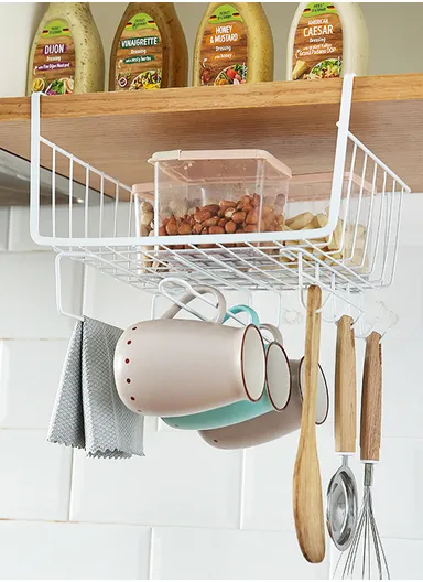 Hanging Cabinet Iron Storage Rack, Under-Shelf Organizer Basket with Hooks for Kitchen, Bathroom &amp; Balcony (W29 × D25 × H19)cm – White