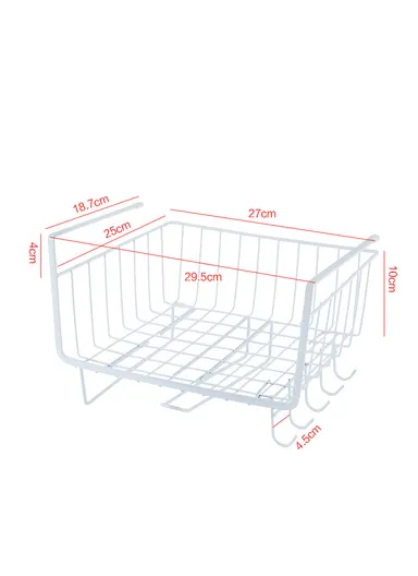 Hanging Cabinet Iron Storage Rack, Under-Shelf Organizer Basket with Hooks for Kitchen, Bathroom &amp; Balcony (W29 × D25 × H19)cm – White