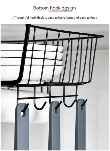 Hanging Cabinet Iron Storage Rack, Under-Shelf Organizer Basket with Hooks for Kitchen, Bathroom &amp; Balcony (W29 × D25 × H19)cm – White