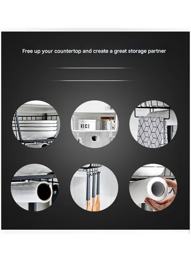 Hanging Cabinet Iron Storage Rack, Under-Shelf Organizer Basket with Hooks for Kitchen, Bathroom &amp; Balcony (W29 × D25 × H19)cm – White