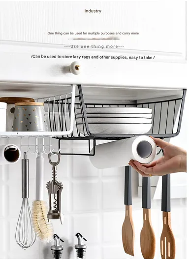 Hanging Cabinet Iron Storage Rack, Under-Shelf Organizer Basket with Hooks for Kitchen, Bathroom &amp; Balcony (W29 × D25 × H19)cm – White