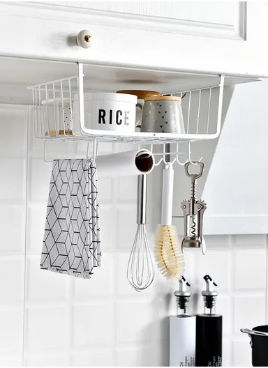 Hanging Cabinet Iron Storage Rack, Under-Shelf Organizer Basket with Hooks for Kitchen, Bathroom &amp; Balcony (W29 × D25 × H19)cm – White