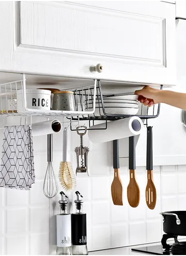 Hanging Cabinet Iron Storage Rack, Under-Shelf Organizer Basket with Hooks for Kitchen, Bathroom &amp; Balcony (W29 × D25 × H19)cm – White