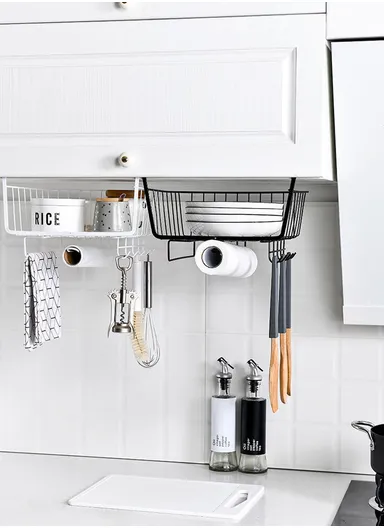 Hanging Cabinet Iron Storage Rack, Under-Shelf Organizer Basket with Hooks for Kitchen, Bathroom &amp; Balcony (W29 × D25 × H19)cm – White