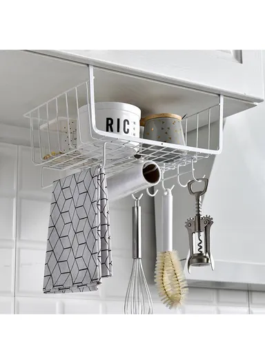 Hanging Cabinet Iron Storage Rack, Under-Shelf Organizer Basket with Hooks for Kitchen, Bathroom &amp; Balcony (W29 × D25 × H19)cm – White