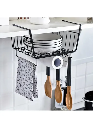 Hanging Cabinet Iron Storage Rack, Under-Shelf Organizer Basket with Hooks for Kitchen, Bathroom &amp; Balcony (W29 × D25 × H19)cm – White