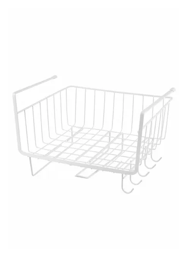 Hanging Cabinet Iron Storage Rack, Under-Shelf Organizer Basket with Hooks for Kitchen, Bathroom &amp; Balcony (W29 × D25 × H19)cm – White