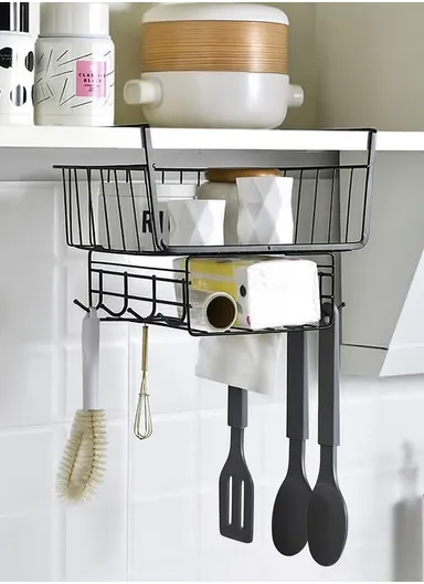 2 Pack Stackable Wire Hanging Storage Basket Kitchen Pantry Cabinet Bookcase Office (L30 x W25 x H21)cm - Black