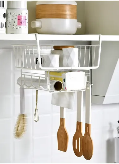 2 Pack Stackable Wire Hanging Storage Basket Kitchen Pantry Cabinet Bookcase Office (L30 x W25 x H21)cm - White