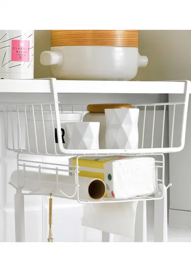 2 Pack Stackable Wire Hanging Storage Basket Kitchen Pantry Cabinet Bookcase Office (L30 x W25 x H21)cm - White