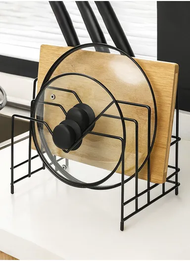 Generic Black Metal Kitchen Cutting Board Storage Rack, Multifunctional Bowl Lid Rack, Countertop Mountable (L27 x W19 x H22)cm - Black