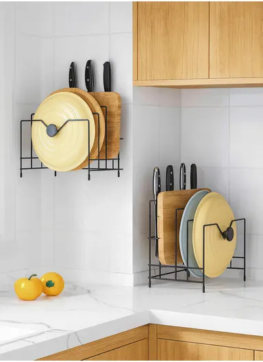Generic Black Metal Kitchen Cutting Board Storage Rack, Multifunctional Bowl Lid Rack, Countertop Mountable (L27 x W19 x H22)cm - Black