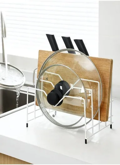 Generic Black Metal Kitchen Cutting Board Storage Rack, Multifunctional Bowl Lid Rack, Countertop Mountable (L27 x W19 x H22)cm - Black