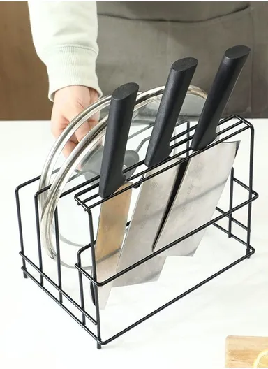 Generic Black Metal Kitchen Cutting Board Storage Rack, Multifunctional Bowl Lid Rack, Countertop Mountable (L27 x W19 x H22)cm - Black