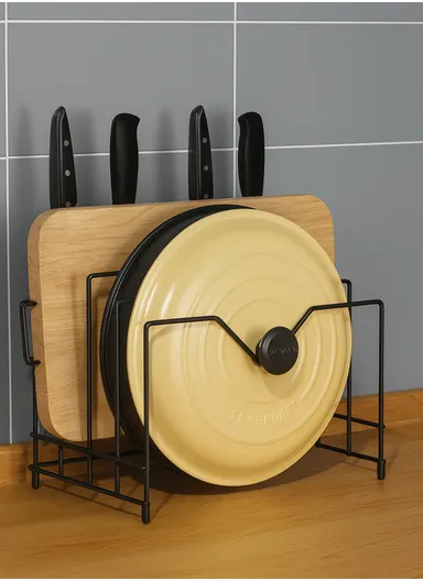 Generic Black Metal Kitchen Cutting Board Storage Rack, Multifunctional Bowl Lid Rack, Countertop Mountable (L27 x W19 x H22)cm - Black