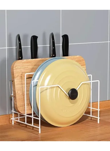 Generic Black Metal Kitchen Cutting Board Storage Rack, Multifunctional Bowl Lid Rack, Countertop Mountable (L27 x W19 x H22)cm - White