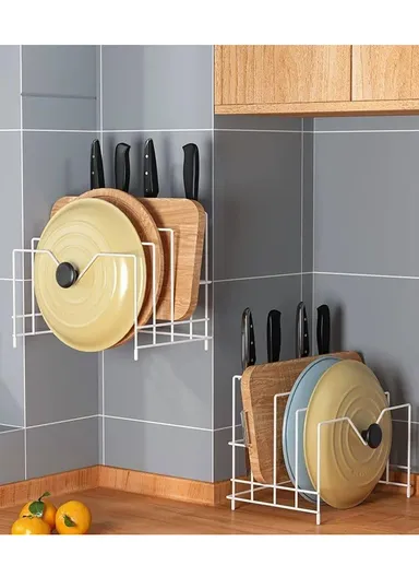 Generic Black Metal Kitchen Cutting Board Storage Rack, Multifunctional Bowl Lid Rack, Countertop Mountable (L27 x W19 x H22)cm - White