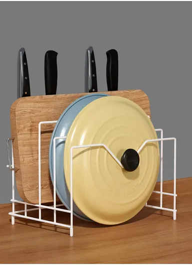 Generic Black Metal Kitchen Cutting Board Storage Rack, Multifunctional Bowl Lid Rack, Countertop Mountable (L27 x W19 x H22)cm - White