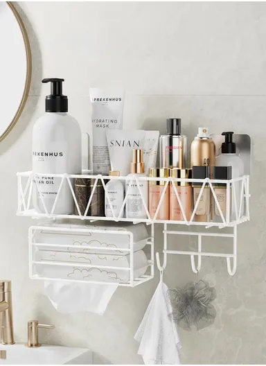 Wall-Mount Bathroom Shelf, Geometric Wire Pattern Iron Shampoo &amp; Accessory Rack with Tissue Holder &amp; Hooks - White