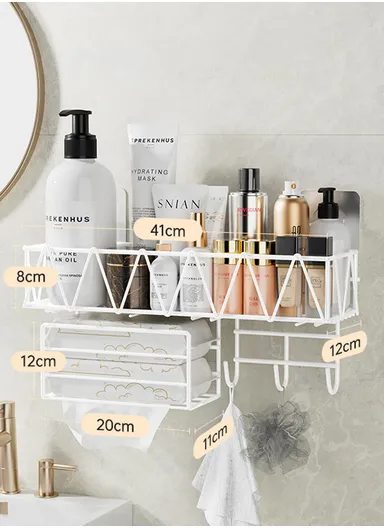 Wall-Mount Bathroom Shelf, Geometric Wire Pattern Iron Shampoo &amp; Accessory Rack with Tissue Holder &amp; Hooks - White