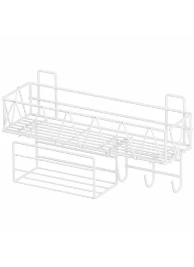Wall-Mount Bathroom Shelf, Geometric Wire Pattern Iron Shampoo &amp; Accessory Rack with Tissue Holder &amp; Hooks - White