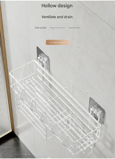 Wall-Mount Bathroom Shelf, Geometric Wire Pattern Iron Shampoo &amp; Accessory Rack with Tissue Holder &amp; Hooks - White