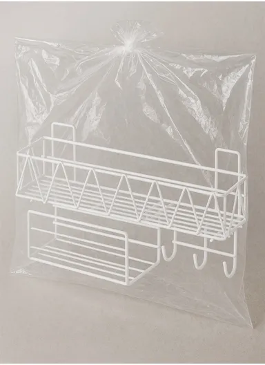 Wall-Mount Bathroom Shelf, Geometric Wire Pattern Iron Shampoo &amp; Accessory Rack with Tissue Holder &amp; Hooks - White