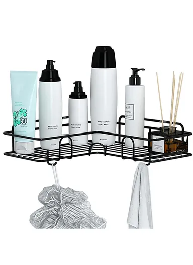 Bathroom Organization Corner Shelf With Side Hanger (L26.5 x W12 x H9.5)cm - Black